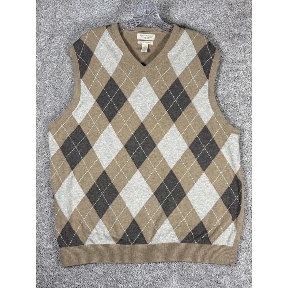 Banana Republic Mens Argyle V Neck Sweater Vest Cotton Cashmere XL Tan‎ Brown